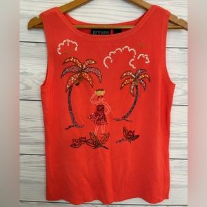 BETHANY Embroidered Palm Trees Sleeveless Top - Size Large - Color Orange
